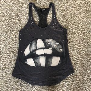 Express Gray Lips Tank Top with Lace. Sz S